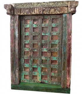 Puerta antigua tallada, madera maciza, decapado verde, única. Mdmhogar