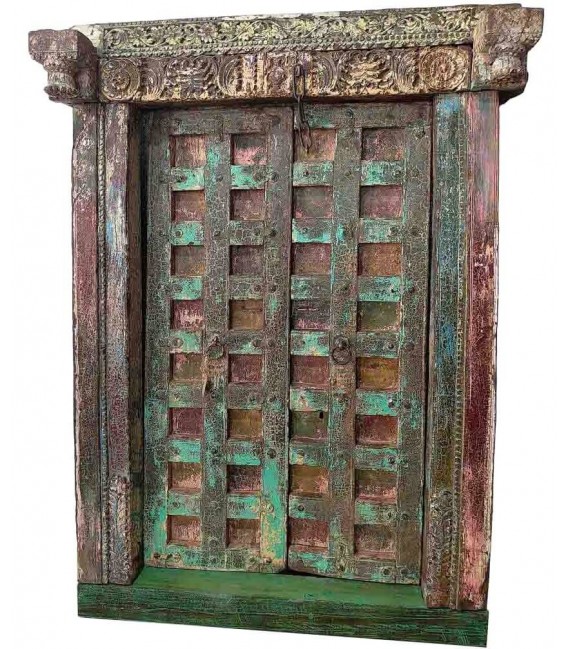 Puerta antigua tallada, madera maciza, decapado verde, única. Mdmhogar