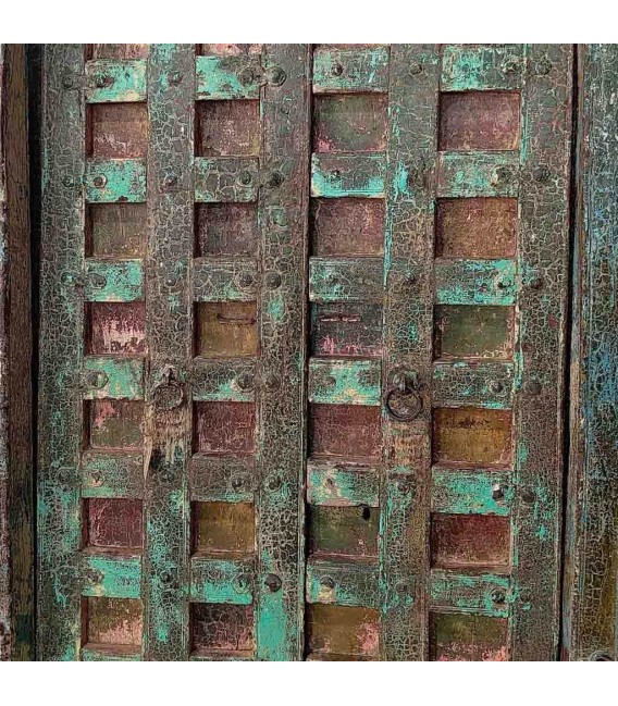 Puerta antigua tallada, madera maciza, decapado verde, única. Mdmhogar2