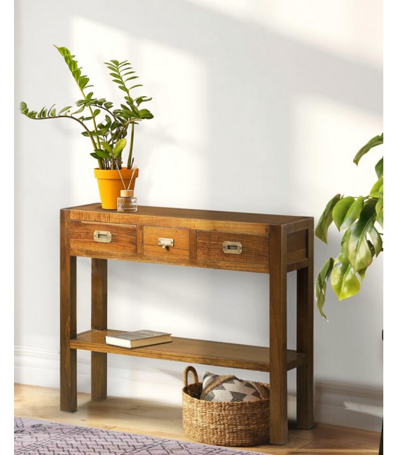 Consola de madera maciza acabado teca, 3 cajones, colonial. Mdmhogar