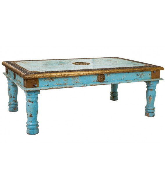 Mesa de centro azul vintage, detalles en metal dorado envejecido. Mdmhogar