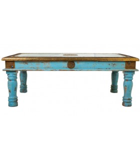 Mesa de centro azul vintage, detalles en metal dorado envejecido. Mdmhogar1