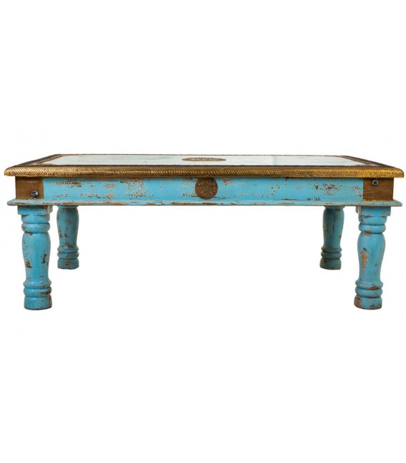 Mesa de centro azul vintage, detalles en metal dorado envejecido. Mdmhogar1