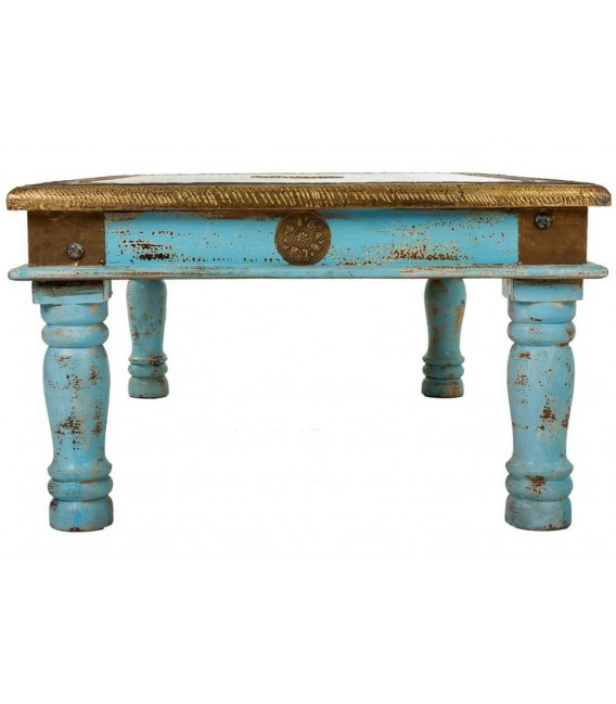 Mesa de centro azul vintage, detalles en metal dorado envejecido. Mdmhogar2