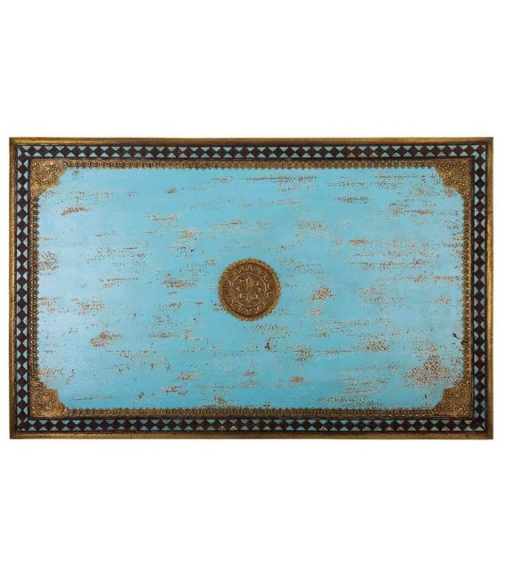 Mesa de centro azul vintage, detalles en metal dorado envejecido. Mdmhogar4