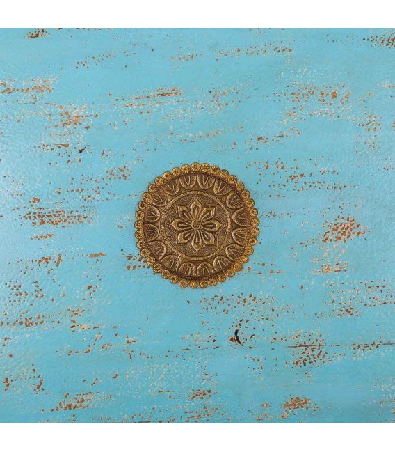 Mesa de centro azul vintage, detalles en metal dorado envejecido. Mdmhogar5