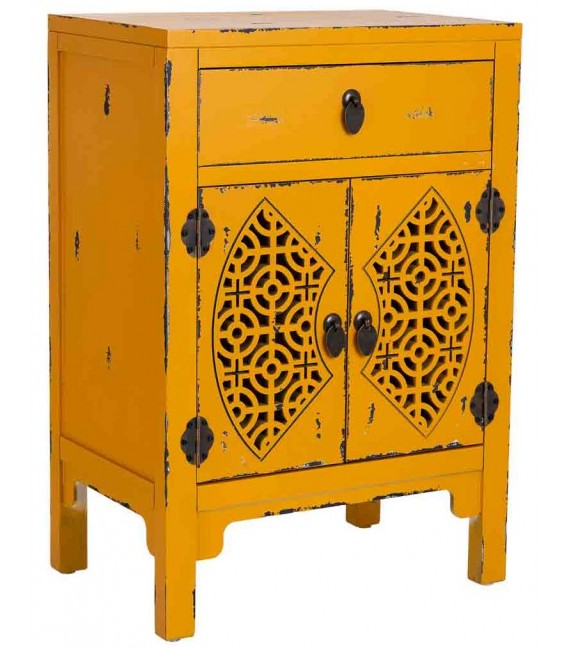 Mesita de Noche en Madera de Olmo Decapada en Amarillo Mdmhogar