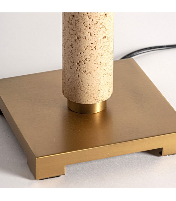 Lámpara de sobremesa art decó con mármol beige y pantalla bouclé. Mdmhogar2