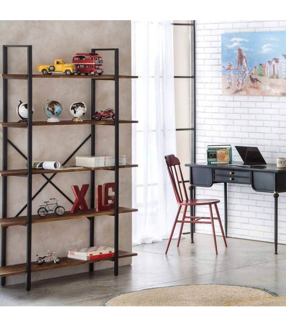 Estantería industrial en madera de abeto teñida y metal negro. Mdmhogar1