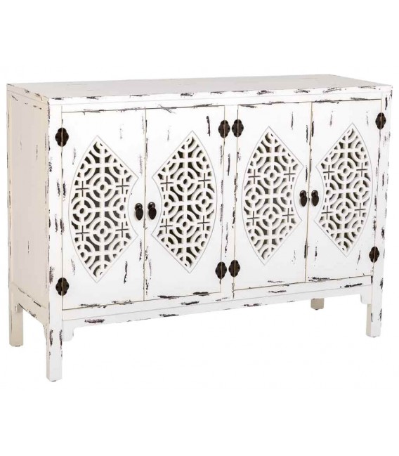 Aparador pequeño oriental de madera decapada, 4 puertas, artesanal. Mdmhogar