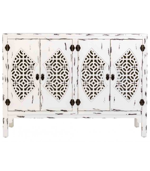 Aparador pequeño oriental de madera decapada, 4 puertas, artesanal. Mdmhogar1