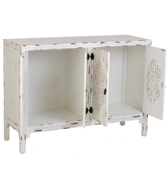 Aparador pequeño oriental de madera decapada, 4 puertas, artesanal. Mdmhogar2