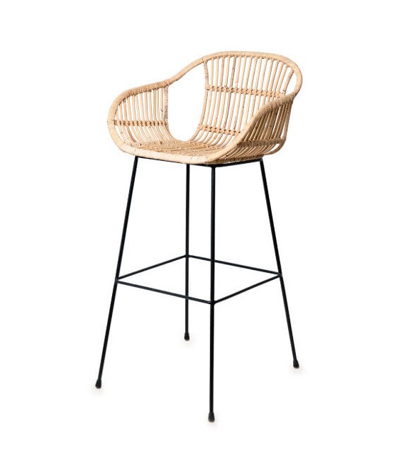 Taburete de barra en ratán trenzado y metal negro, estilo boho.Mdmhogar