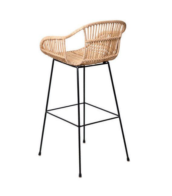 Taburete de barra en ratán trenzado y metal negro, estilo boho.Mdmhogar2