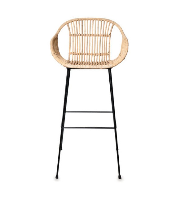 Taburete de barra en ratán trenzado y metal negro, estilo boho. Mdmhogar1