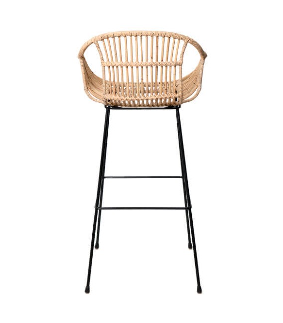 Taburete de barra en ratán trenzado y metal negro, estilo boho. Mdmhogar3