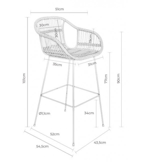 Taburete de barra en ratán trenzado y metal negro, estilo boho. Mdmhogar6