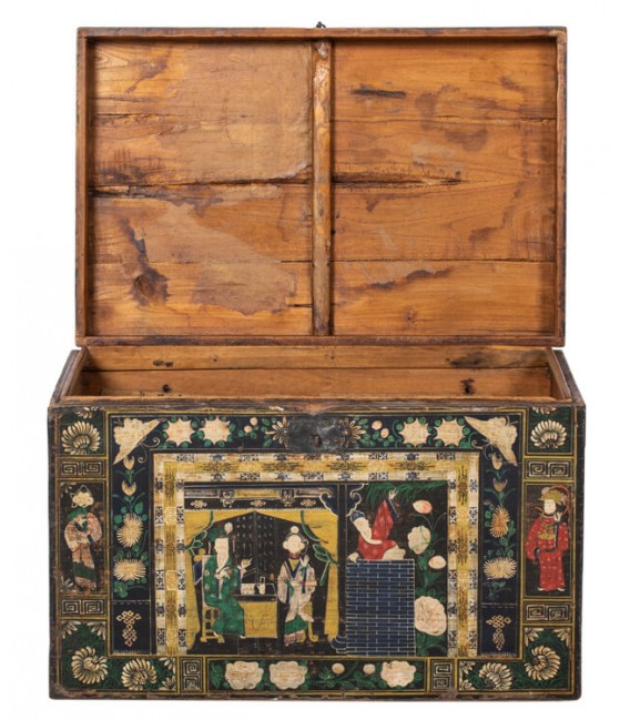 Baúl antiguo oriental en madera de sicomoro decorada a mano. Mdmhogar2