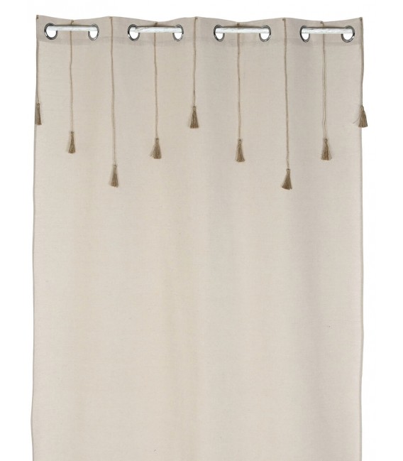 Cortina de algodón beige con borlas y anillas, estilo natural. Mdmhogar