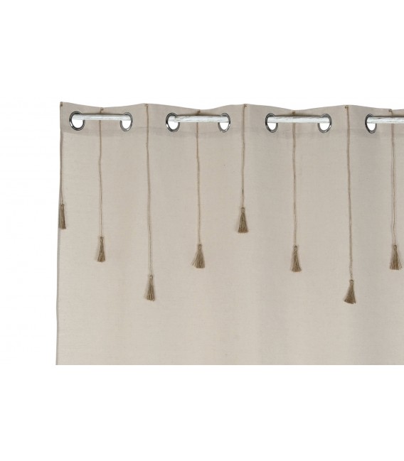 Cortina de algodón beige con borlas y anillas, estilo natural. Mdmhogar2