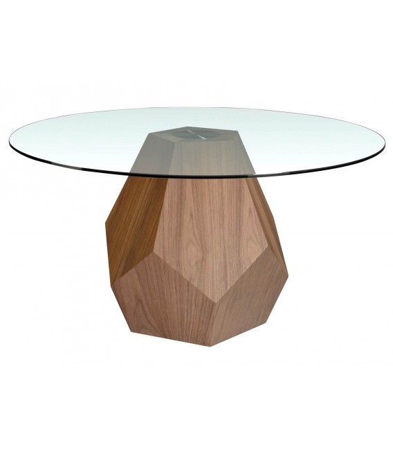 Mesa de comedor redonda en nogal y cristal, diseño contemporáneo. Mdmhogar