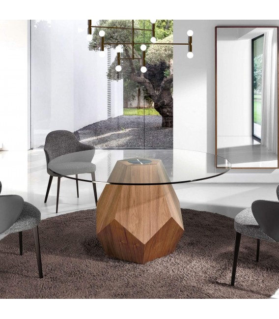 Mesa de comedor redonda en nogal y cristal, diseño contemporáneo. Mdmhogar1