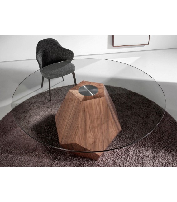 Mesa de comedor redonda en nogal y cristal, diseño contemporáneo. Mdmhogar2