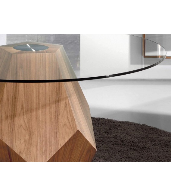 Mesa de comedor redonda en nogal y cristal, diseño contemporáneo. Mdmhogar3