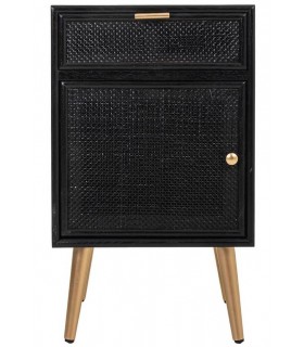 Mesita de noche en madera y ratán negro con patas doradas Mdmogar1