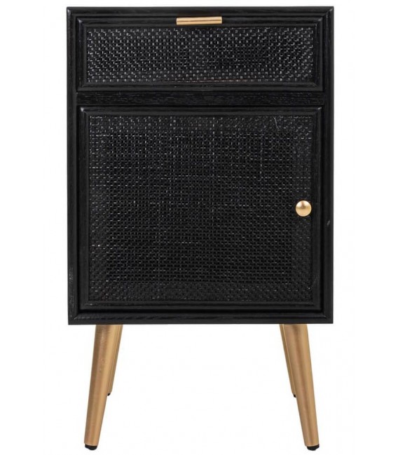 Mesita de noche en madera y ratán negro con patas doradas Mdmogar1
