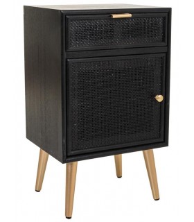 Mesita de noche en madera y ratán negro con patas doradas Mdmogar