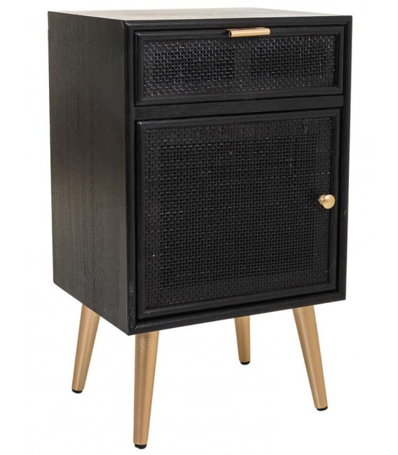 Mesita de noche en madera y ratán negro con patas doradas Mdmogar