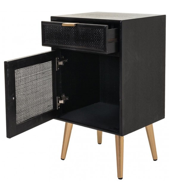 Mesita de noche en madera y ratán negro con patas doradas Mdmogar2