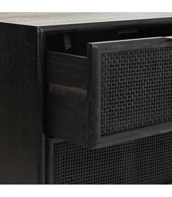 Mesita de noche en madera y ratán negro con patas doradas Mdmogar6