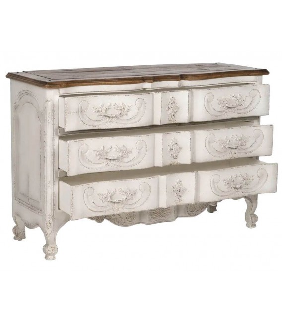 Cómoda clásica de madera tallada, blanca con tapa en nogal vintage. Mdmhogar1
