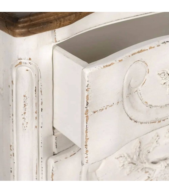 Cómoda clásica de madera tallada, blanca con tapa en nogal vintage. Mdmhogar3