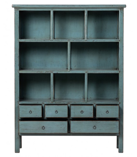 Estantería grande madera lacada azul con 6 cajones estilo oriental. Mdmhogar2
