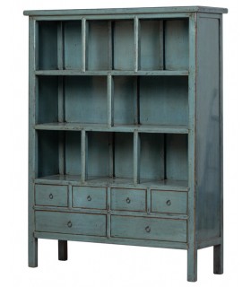 Estantería grande madera lacada azul con 6 cajones estilo oriental. Mdmhogar