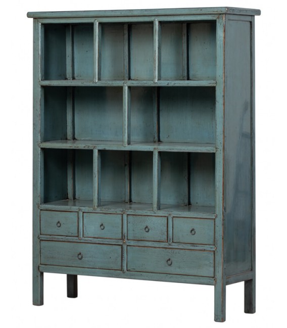 Estantería grande madera lacada azul con 6 cajones estilo oriental. Mdmhogar