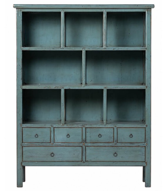 Estantería grande madera lacada azul con 6 cajones estilo oriental. Mdmhogar12