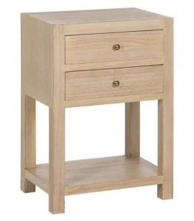 Mesita de noche de madera natural con 2 cajones y tiradores de bronce. Mdmhogar