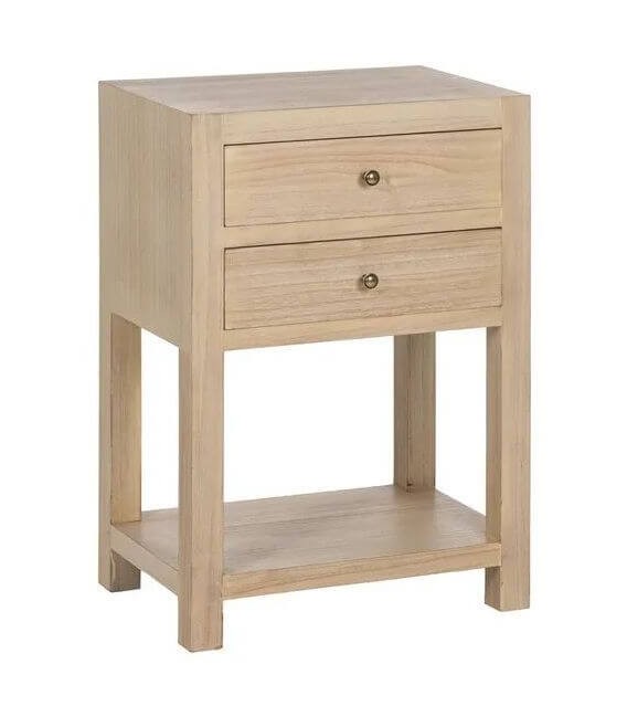 Mesita de noche de madera natural con 2 cajones y tiradores de bronce. Mdmhogar