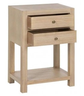 Mesita de noche de madera natural con 2 cajones y tiradores de bronce. Mdmhogar1