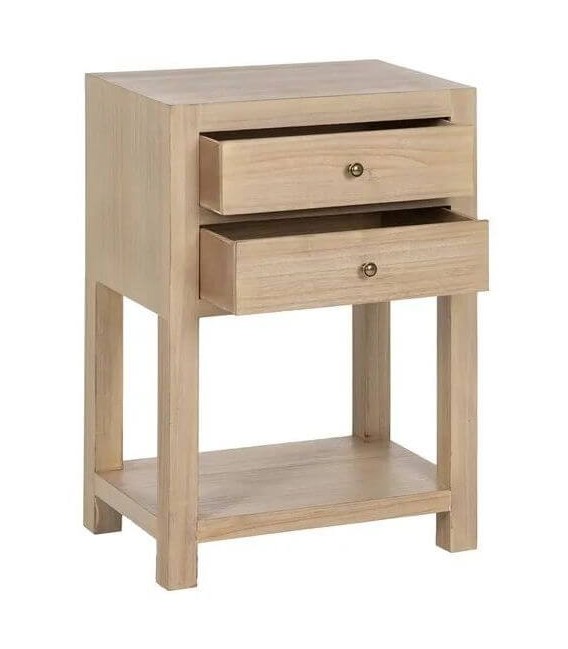 Mesita de noche de madera natural con 2 cajones y tiradores de bronce. Mdmhogar1