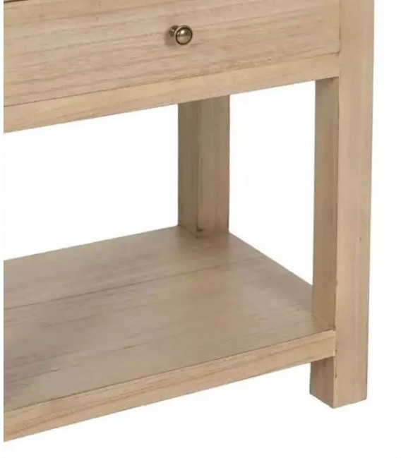 Mesita de noche de madera natural con 2 cajones y tiradores de bronce. Mdmhogar4