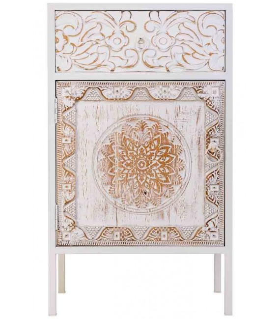 Mesita de noche tallada, 1 cajón y 1 puerta, estilo étnico. Mdmhogar1