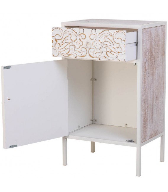 Mesita de noche tallada, 1 cajón y 1 puerta, estilo étnico. Mdmhogar2