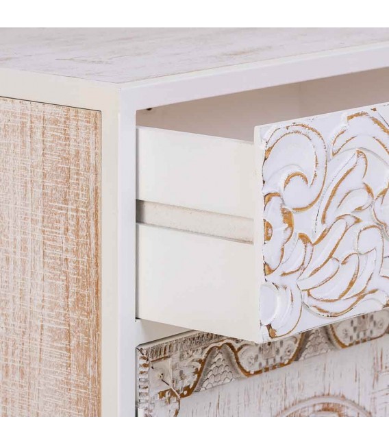 Mesita de noche tallada, 1 cajón y 1 puerta, estilo étnico. Mdmhogar4