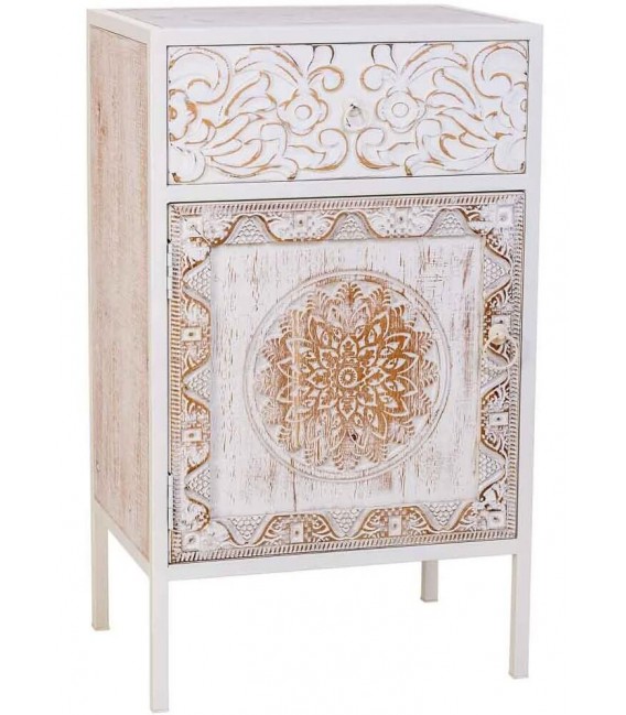 Mesita de noche tallada, 1 cajón y 1 puerta, estilo étnico. Mdmhogar