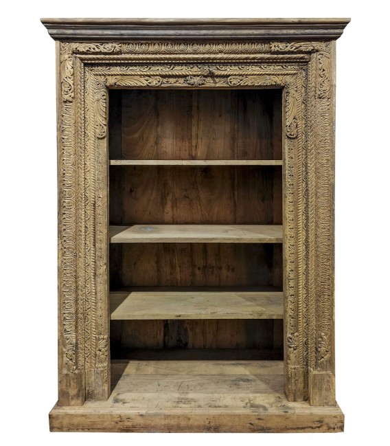 Estantería de teca tallada 180 cm, estilo étnico y acabado rústico. Mdmhogar